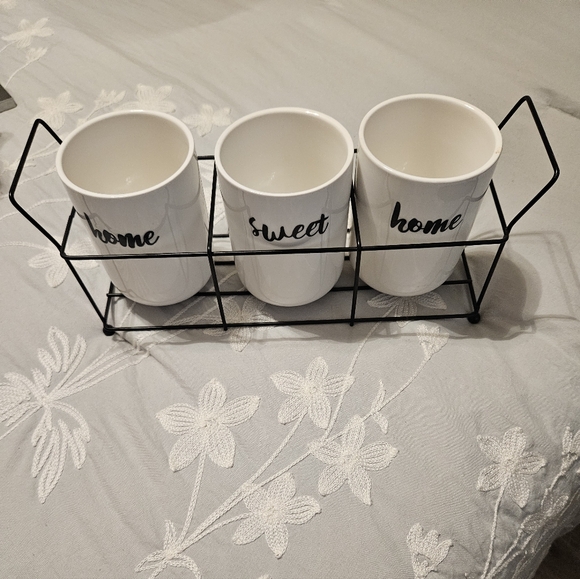 Other - White Ceramic Home Sweet Home Decor Set with Black Wire Rack